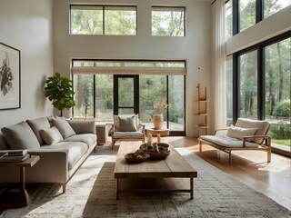 Fototapeta premium Modern Minimalist Living Room Interior Design with Large Windows