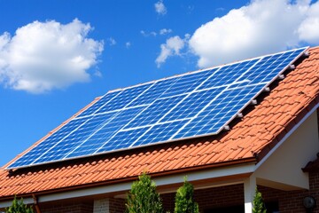 Fototapeta premium Solar Panel Array on Tiled Roof Against Blue Sky with Clouds Clean Energy Sustainable Power Generation Residential Building Sunny Day