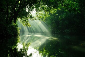 Naklejka premium Sunlight streams through forest canopy over tranquil river. Possible use nature photography