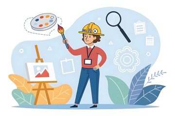 Businessman in the garden with a bag walking in the rain, cartoon-style illustration with a clock symbol and sketchy design