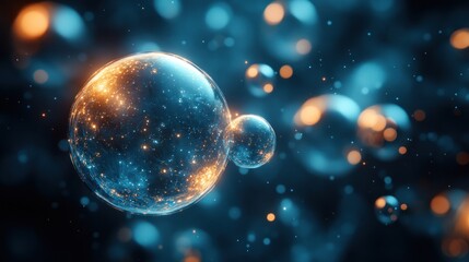 Fototapeta premium Glowing spheres, abstract cosmic scene, blue and orange light.
