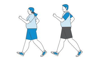 散歩、歩く、ウォーキングする太った男女ペアのイラスト　フラットデザイン　カラーと2色イラストのセット
