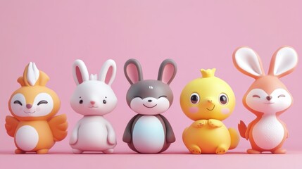 Fototapeta premium Cute cartoon animal figurines on a pink background. 
