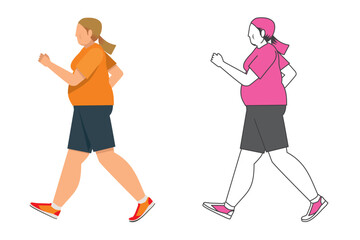 散歩、歩く、ウォーキングする太った白人女性のイラスト　フラットデザイン　カラーと2色イラストのセット
