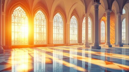 Fototapeta premium Serene Sunlit Hall with Elegant Arched Windows and Reflections