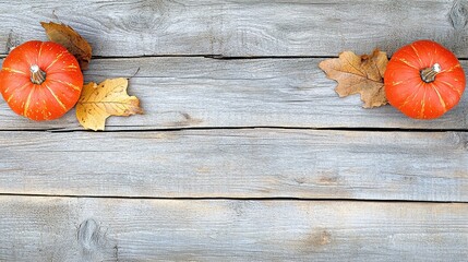 Autumn Pumpkins   Leaves on Rustic Wood Background