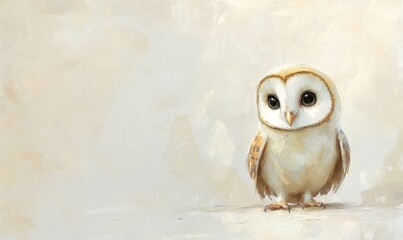 Obraz premium A charming barn owl stands on a smooth surface, gazing curiously at the viewer in a serene setting
