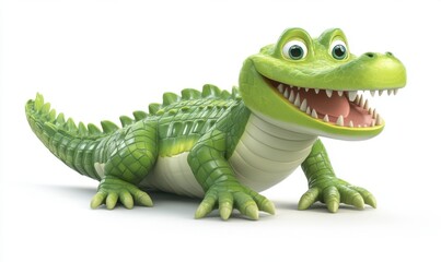 Obraz premium A cheerful cartoon crocodile toy with bright colors, set against a plain white background, ideal for children's decor