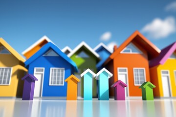 Colorful Houses and Arrows Symbolizing Real Estate Growth and Investment Opportunities in a Bright Sky