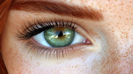 Obraz premium Close-up of a green eye with freckles and long eyelashes.