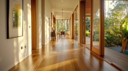 Sunlit Modern Home Interior with Warm Wood Floors and Lush Green Garden View Through Glass Doors