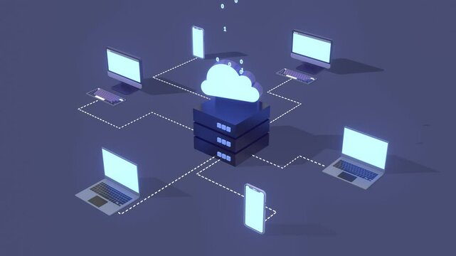 Cloud Computing, Cloud Storage, Data Center, Database Storage Concepts Animation. Cloud Computing Technology Concept Animation. Suitable For Business, Marketing, Technology And Explainer Videos.