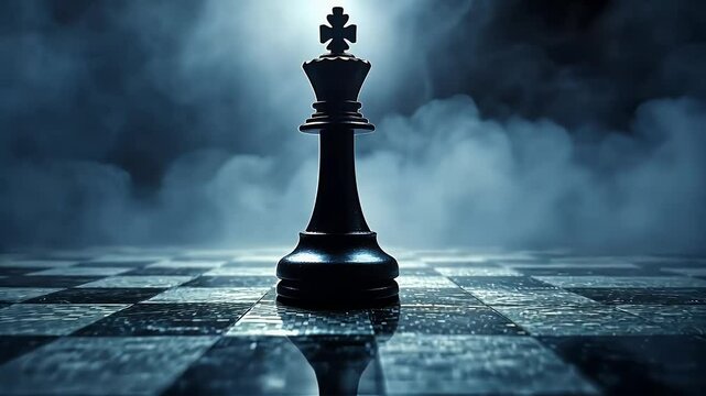 A solitary black chess king stands proudly on a misty chessboard, symbolizing strategy and power