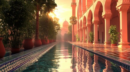 Naklejka premium Serene Sunrise Reflection on Exotic Palace Waterway in Garden