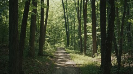 Fototapeta premium Video generation of a quiet forest trail with dappled sunlight. Featuring peaceful walk and natural beauty
