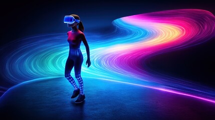 Woman in VR headset walking on a colorful, glowing path.