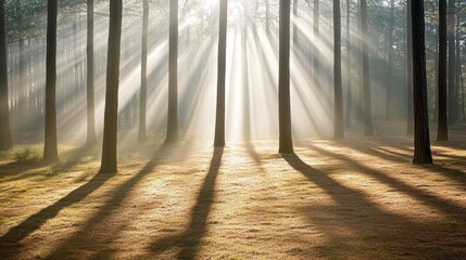 Video generation of a quiet forest with sunlight filtering through tall trees and casting shadows on the ground. Featuring calm and serenity