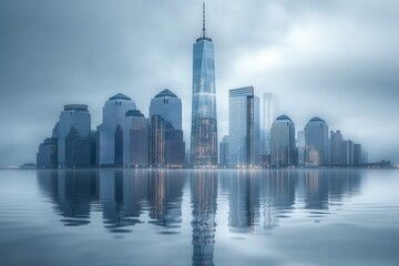 Obraz premium Foggy Skyline Reflection Serene Cityscape Over Water with Soft Hues and Tranquil Atmosphere