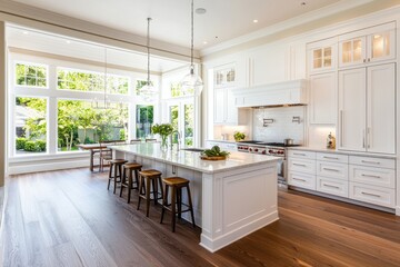 Bright and Spacious Kitchen Interior with Island Seating and Natural Light Streaming Through Large Windows