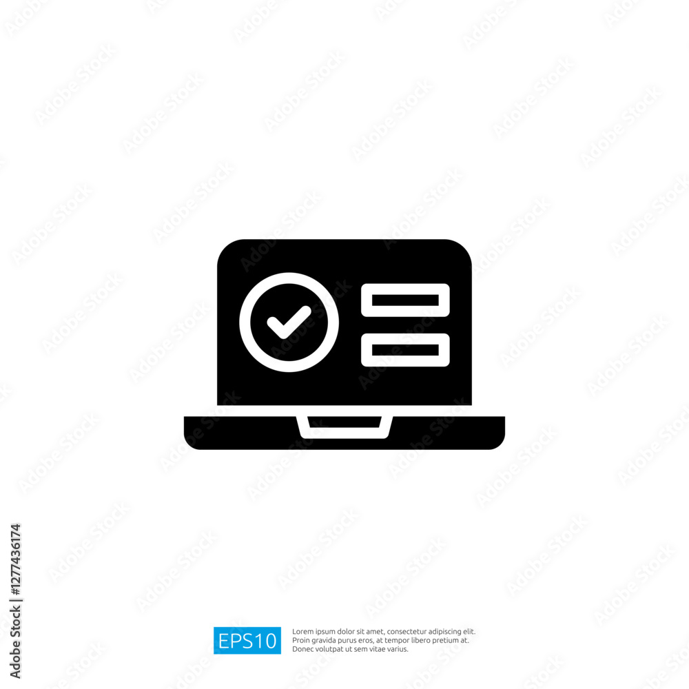Poster laptop icon featuring a checkmark and data fields symbolizing digital task management and productivi