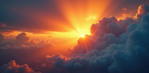 Obraz premium Golden rays pierce dramatic cloudscape, vibrant dawn colors , dramatic sky, landscape