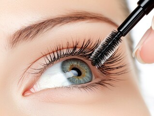 Naklejka premium Lashes Amplified: A close-up shot of an eye receiving the application of mascara. The focus is on the enhancement of the lashes, highlighting the beauty of the eye.