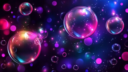 Dreamy Bubbles: An Abstract Neon Galaxy with Floating Spheres and Stars