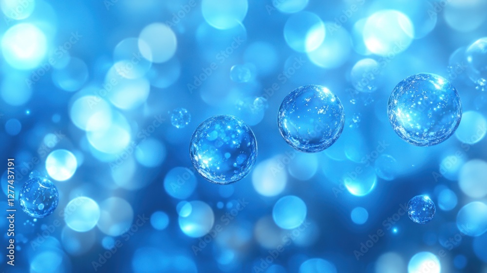 Poster Abstract blue bokeh background with shiny spheres.