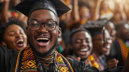 Celebrating Achievement: A close-up of a joyous graduate, beaming with pride, surrounded by a diverse group of fellow graduates and friends, capturing the elation of academic accomplishment.