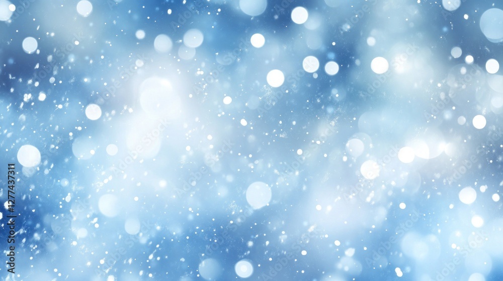 Poster abstract blue bokeh background with white light spots, simulating snowfall.