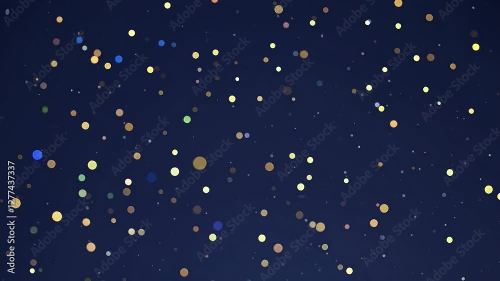 Poster abstract background with scattered multicolored bokeh lights on dark blue surface, festive atmospher