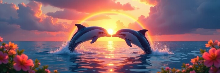 Two dolphins arc against sunset, rainbow, flowers , stock, graphic