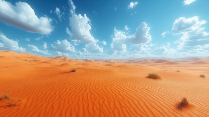 Naklejka premium Vast orange desert landscape under a vibrant blue sky with fluffy white clouds.