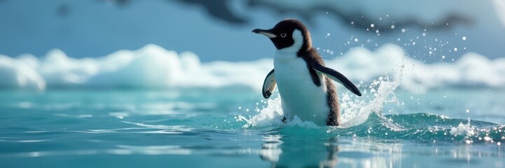 Fototapeta premium Ad?lie penguin chick leaps into ocean, splash imminent , wing, antarctica