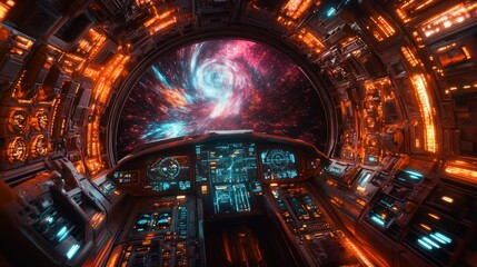 Obraz premium Spaceship cockpit view of vibrant nebula through circular window.