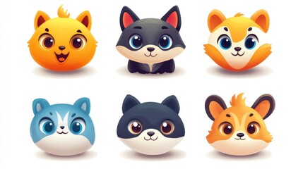 Fototapeta premium Cute cartoon animal heads, various species, round faces, big eyes, happy expressions.
