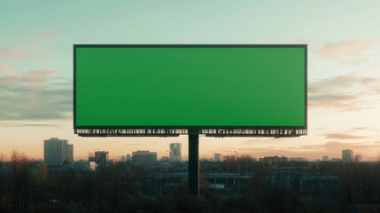 Empty Green Screen Billboard at Sunrise Cityscape