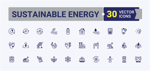 Sustainable Energy minimal icon set. Includes thin line carbon, solar, water, planet, hydropower, photovoltaic, renewable and more. Minimalistic icon. Outline and solid pictogram.