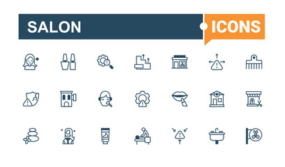 Salon line icons. Includes thin line towel, styling, cosmetic, barbers, haircut and more. Perfect for logos and infographic. Solid line editable stroke.