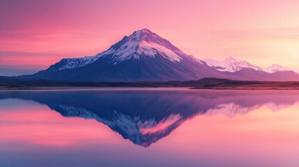 A breathtaking view of a mountain reflecting in a tranquil lake at sunset.