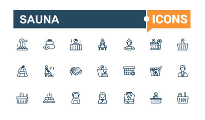 Sauna linear icon collection. Includes thin line relax, aromatherapy, sauna hat, wood, massage spa, essential oil, pool and more. Web icons. Minimalist editable vector stroke.