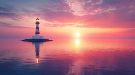 A serene lighthouse at sunset over calm waters, showcasing vibrant colors and tranquility.