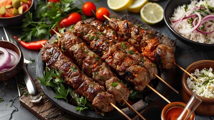 Delicious Grilled Meat Skewers with Fresh Herbs and Colorful Accompaniments on Serving Platter