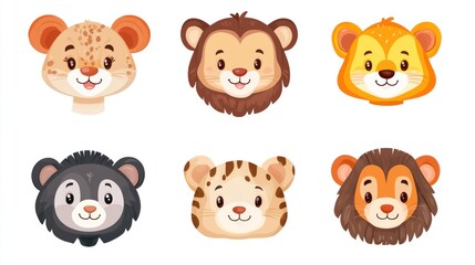 Fototapeta premium Cute cartoon animal heads. Collection of stylized animal faces, featuring adorable tiger, lion, leopard, and panther, all with cheerful expressions and simple designs.
