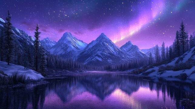 A serene nighttime landscape featuring mountains and a reflective lake under stars. - Powered by Adobe