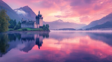 Fototapeta premium Breathtaking sunset over a castle by the serene lake, surrounded by majestic mountains.