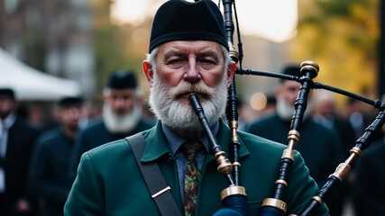 Senior caucasian man in traditional scottish outfit playing bagpipes at outdoor event. St Andrews Day celebration, Celtic festival, Highland gathering concept