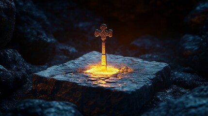 Mystical Key on Stone Pedestal with Golden Glow: Fantasy Concept Art