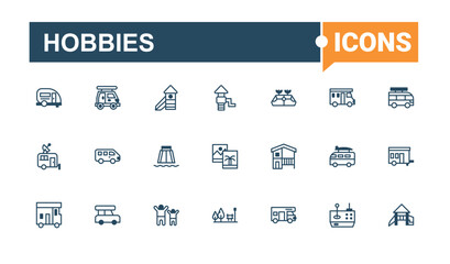 Hobbies linear icon collection. Contain linear outline icons party, hiking, adventure, Recreation, vacation, activity, picnic and more. Flat icon. Vector outline and solid icons collection.