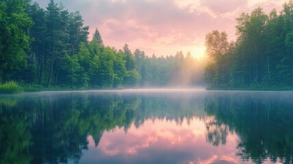 Tranquil lake scene at sunset, surrounded by lush trees and soft, reflective water.